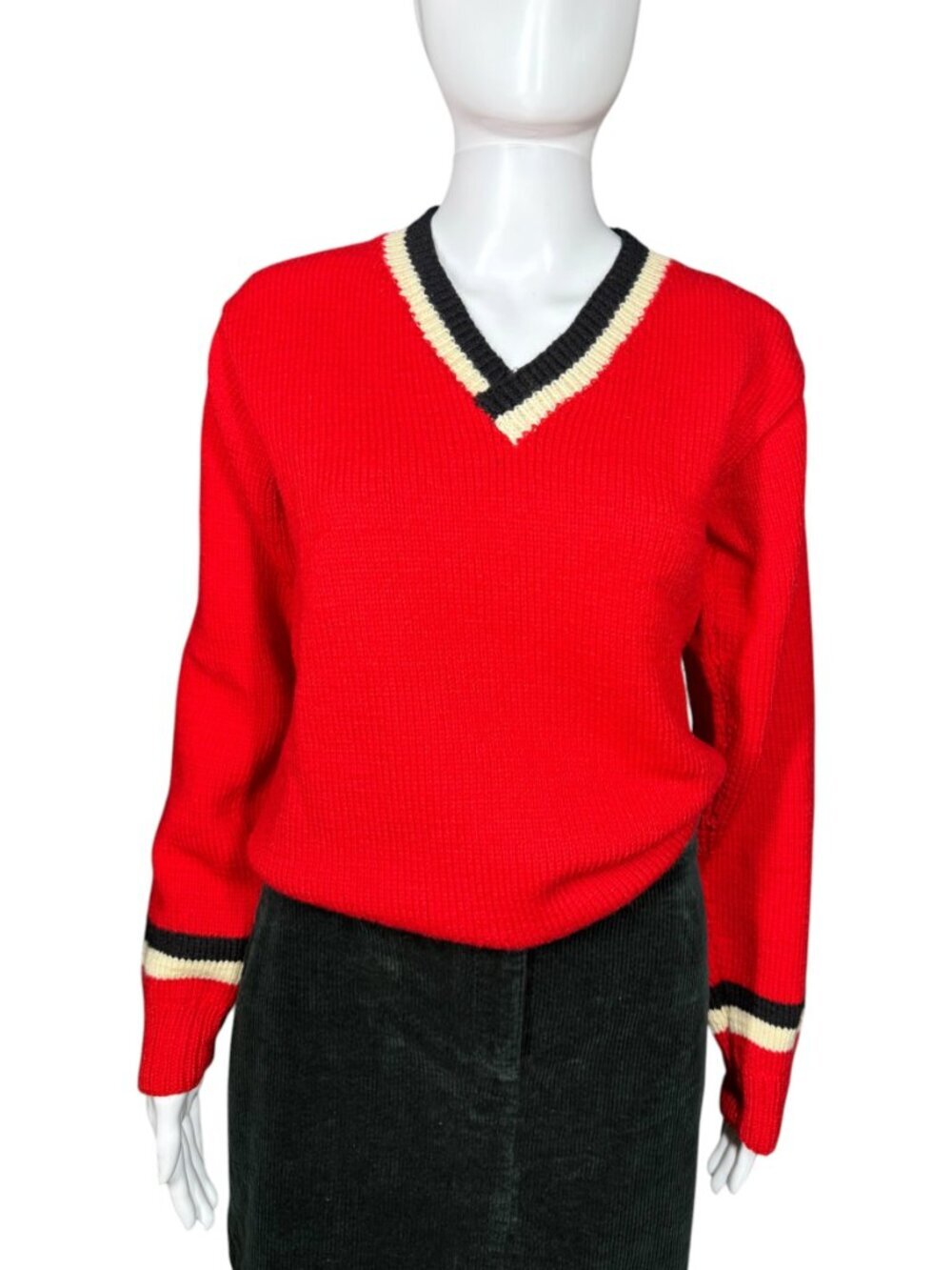 Vintage 50s / 60s Gary Heldman Red V-Neck Sweater White Red Trim Small